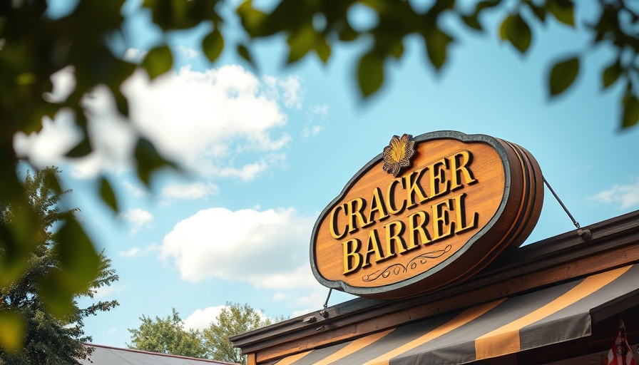 Cracker Barrel storefront sign with vintage logo under blue sky.