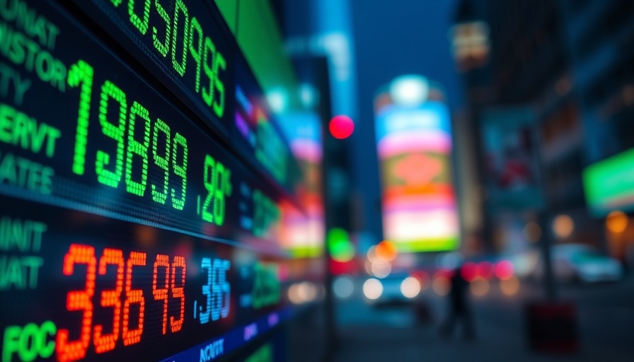 Dow Jones surge visualized on a vibrant digital stock ticker display.