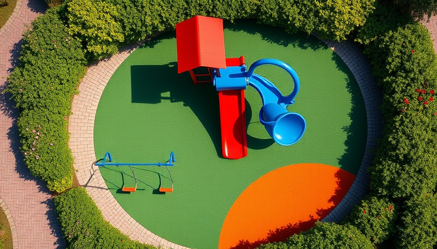 Aerial view of modern playground equipment upgrade with colorful slides.