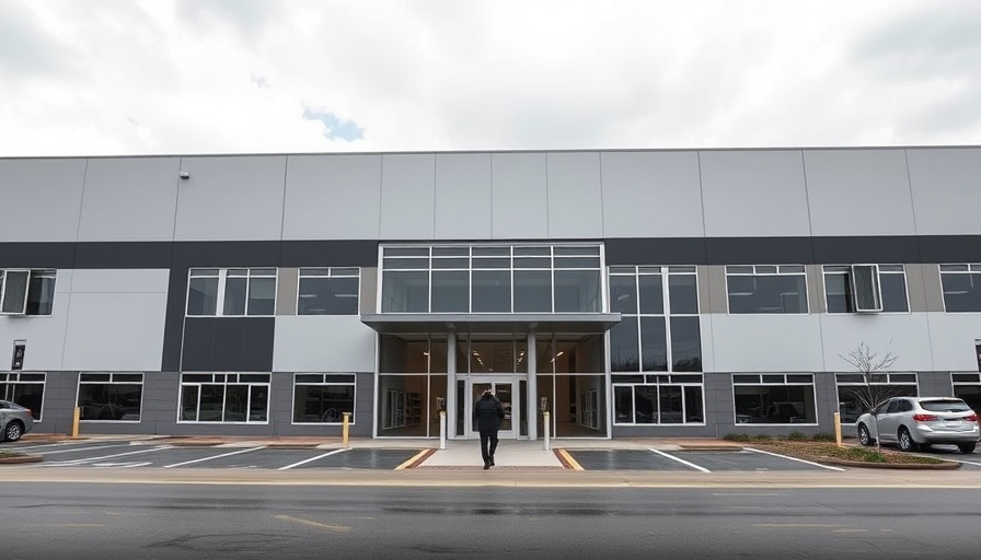 Entrance to a modern logistics building, overcast sky