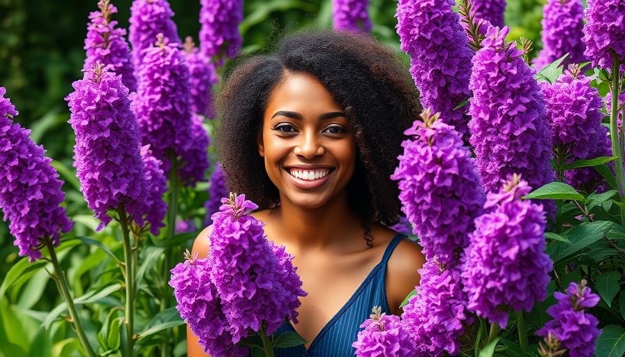Smiling woman in garden, OpenAI coverage, vibrant purple flowers.