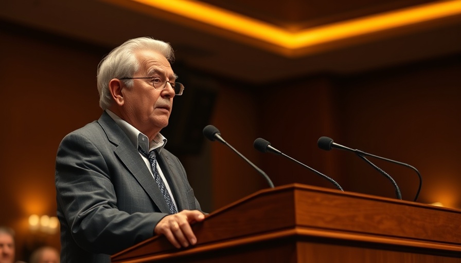 Elderly man speaking at podium with microphones in formal setting.