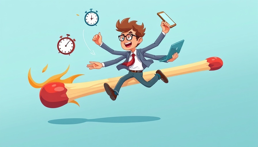 Illustration of multitasking person running on burning matchstick, symbolizing boss burnout.