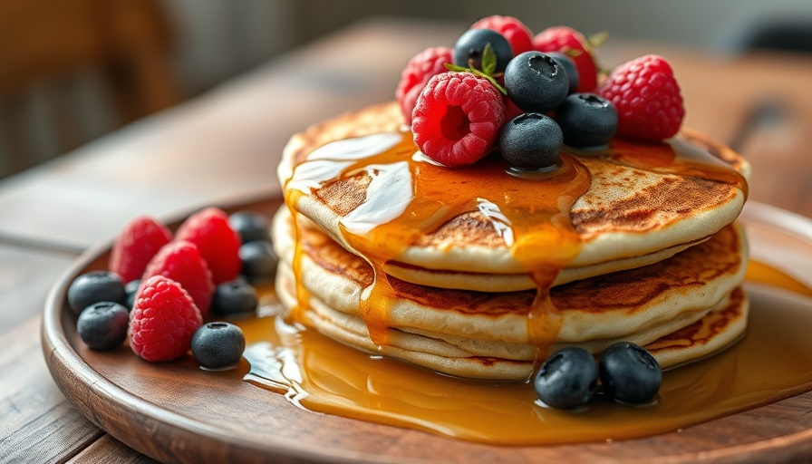 Tasty pancakes with berries, focus on syrup and fruits.