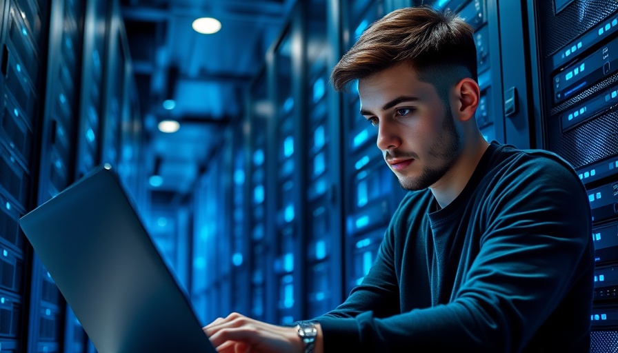 Man in data center working on laptop, representing Cellular IoT Connectivity Revenue.