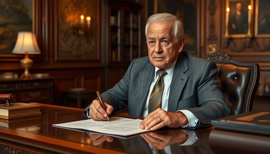Elderly man signing documents at a desk, executive order compliance.