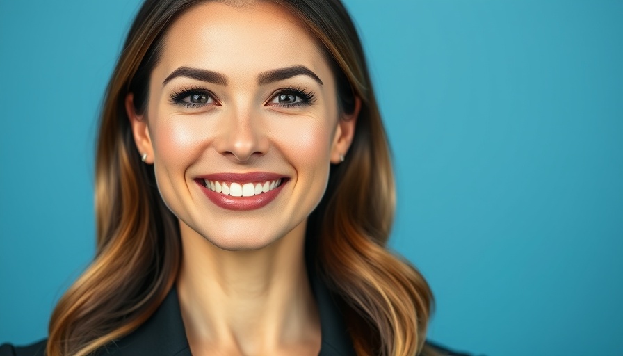 Professional portrait of a smiling woman with blue background.