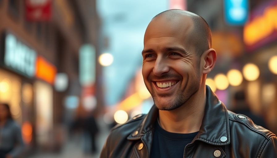 Bald man smiling in leather jacket on an urban street.