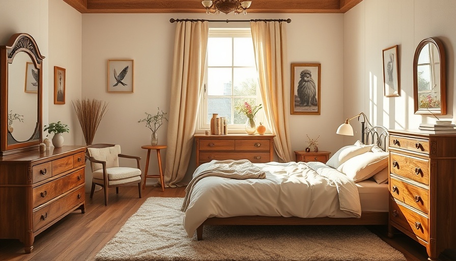 Cozy bedroom with wooden furniture, natural light.