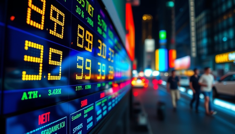 Stock market LED display showing rising trends, vibrant colors.