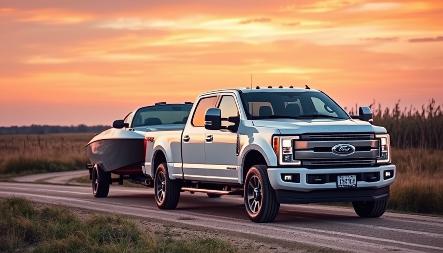 Ford truck towing boat at sunrise on dirt road amid marshland.