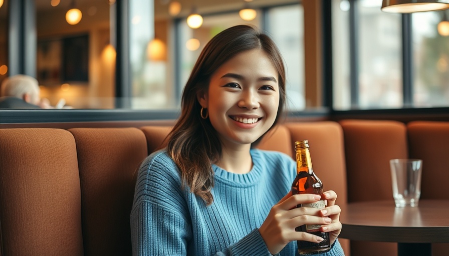 Young woman in blue sweater smiling while holding a bottle in cozy cafe.