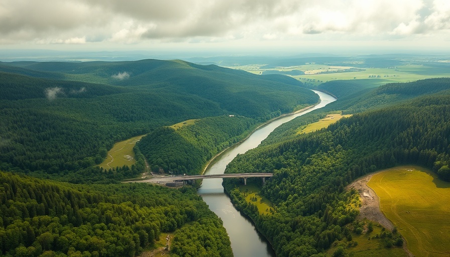 Aerial view of a river and bridge in a lush green valley.