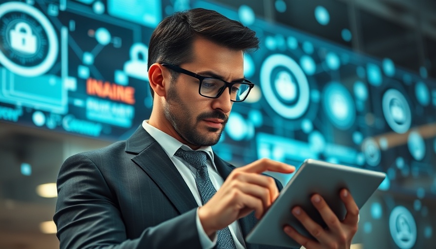 Businessman using digital tablet with scalable internet solutions icons.