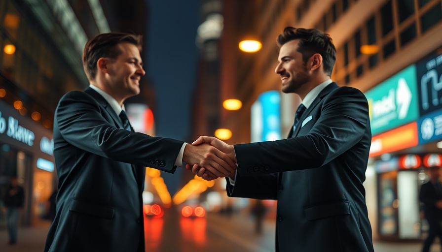 Newcastle United BYDFi Partnership visualized with two businesspeople shaking hands amid digital and urban backdrop.