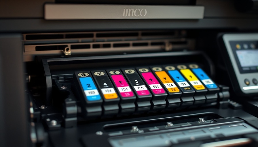 Detailed ink cartridges inside printer focusing on IoT technology.