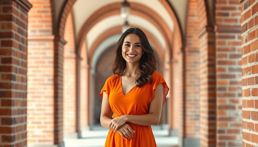 Smiling woman in orange dress in an arched hallway, vibrant and confident.