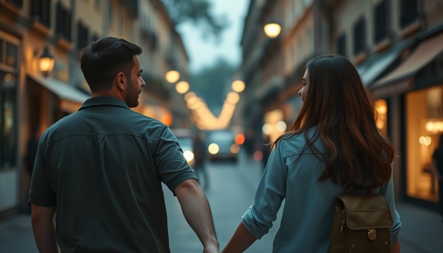 Romantic evening walk in Europe, couple holding hands.