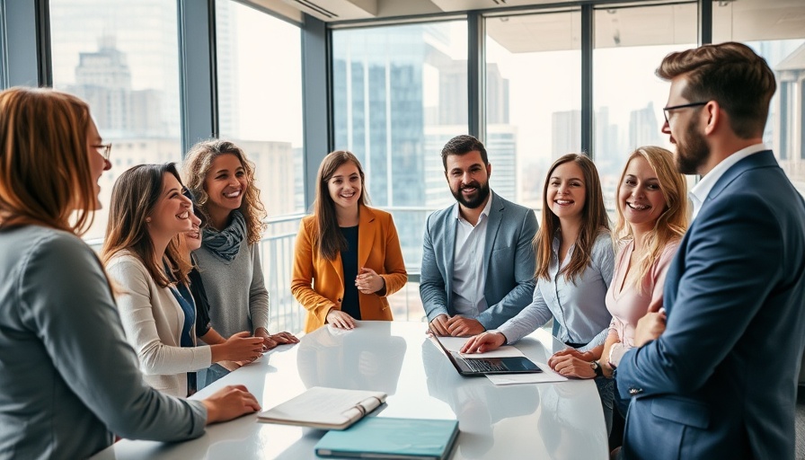 Professionals discussing trends in a modern office.