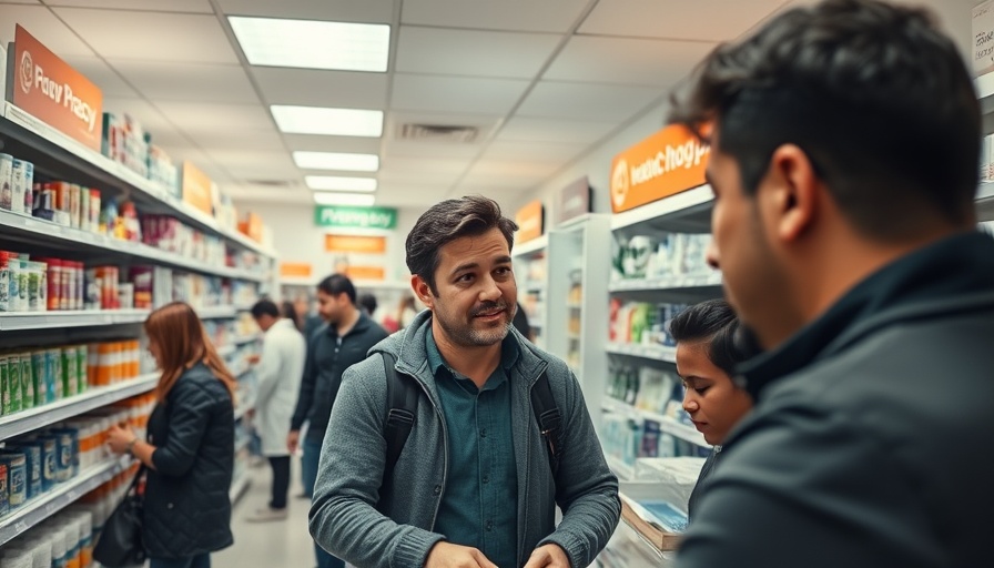 Pharmacy customer at counter amid COVID vaccine availability signs.