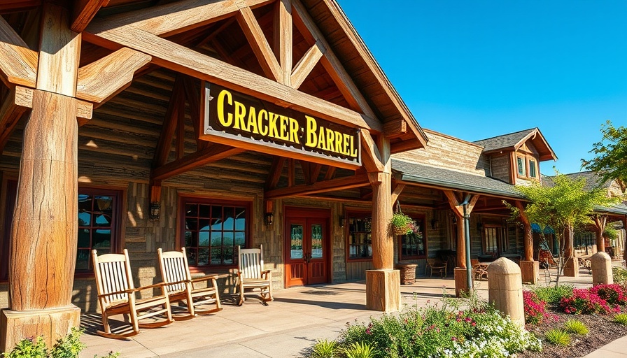 Cracker Barrel exterior under a clear sky, highlighting rustic charm.