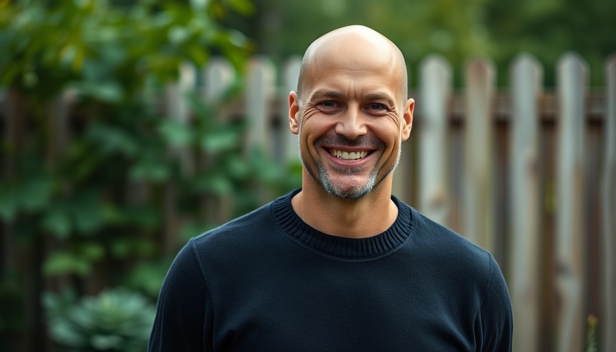 Smiling man standing in garden, soft lighting.