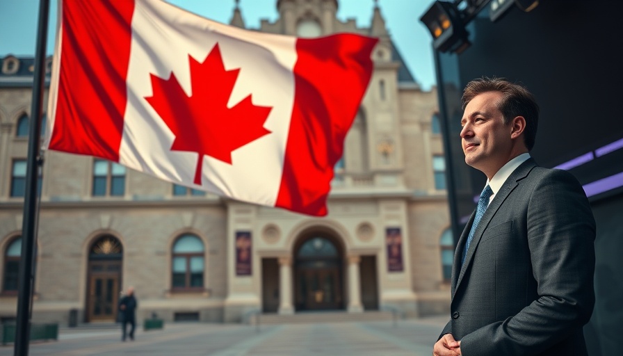 Canadian flag with man on TV discussing Americans moving to Canada.
