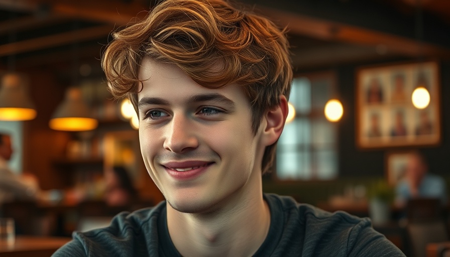 Man smiling softly indoors, warm ambiance.