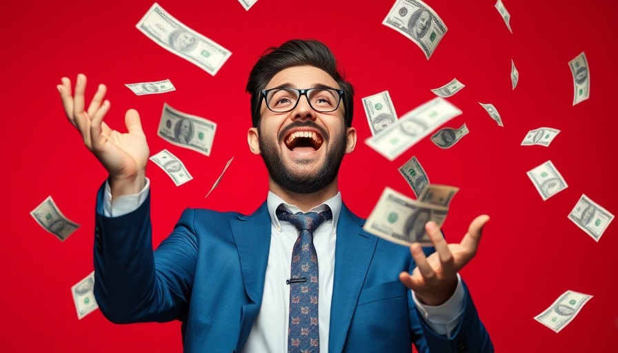 Joyful businessman tossing money, symbolizing billionaires paying taxes, in vivid red setting.