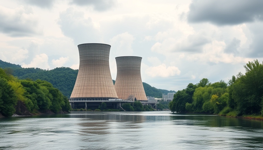 Nuclear cooling towers with river and greenery, investment opportunities.