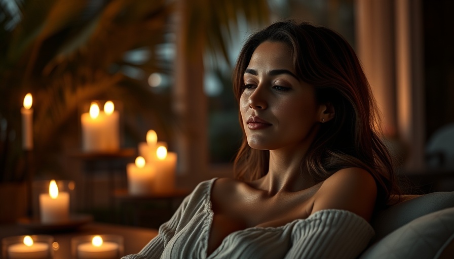 Serene woman enjoying evening ambiance with candles and tropical backdrop.