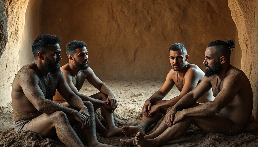 Four men covered in earth, expressing companionship, photography campaign celebrating companionship.