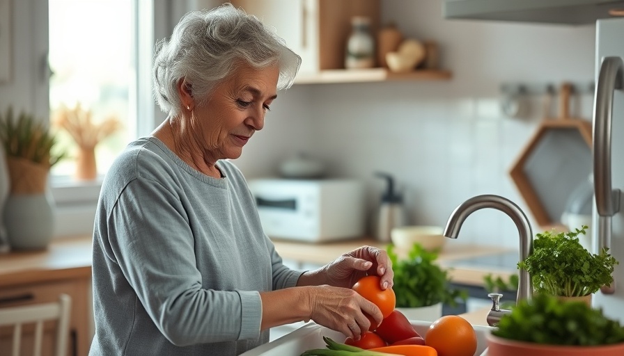 Elderly woman washing carrots in cozy kitchen for Manchester housing project.