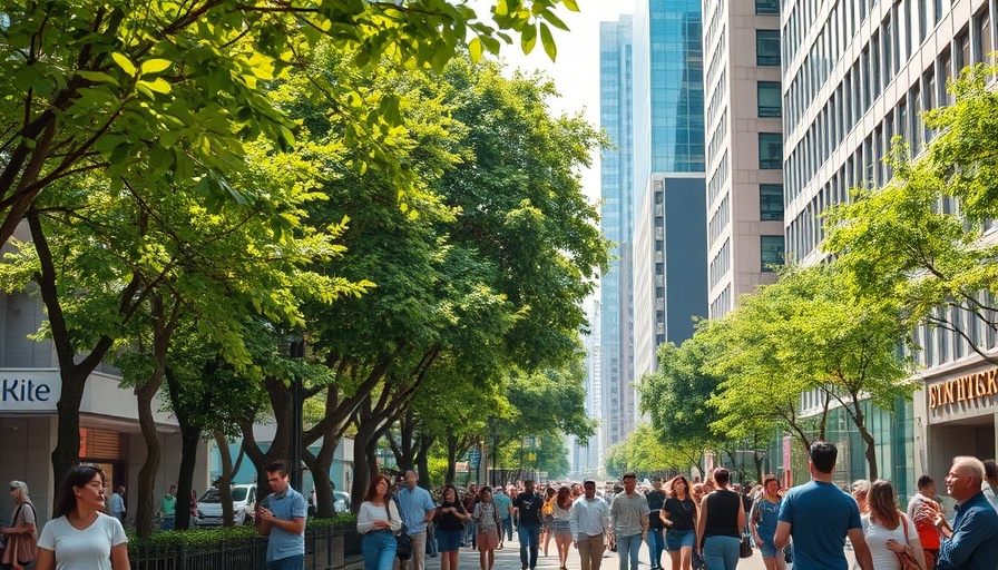 Urban street with trees and people, illustrating sustainability in business.