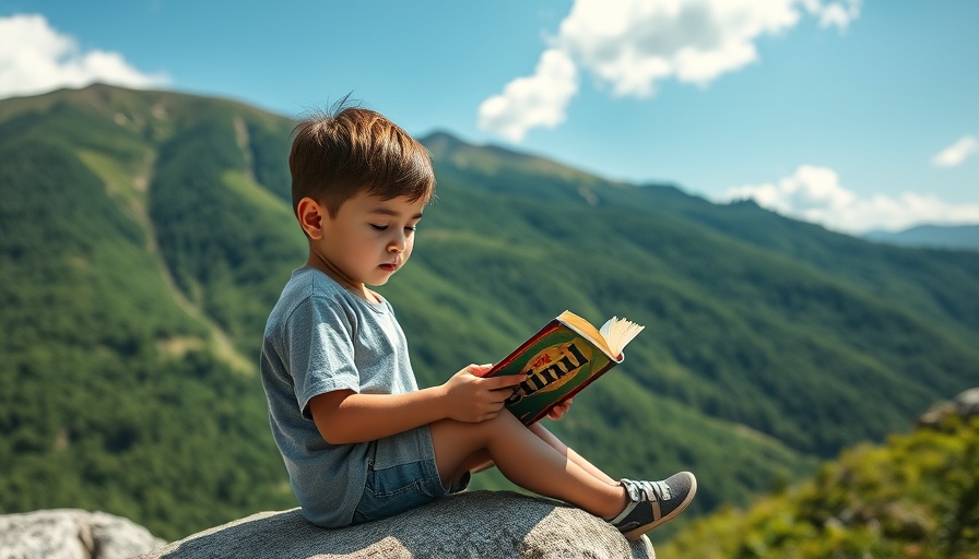 Young refugee child reading on a rock in green mountain landscape.