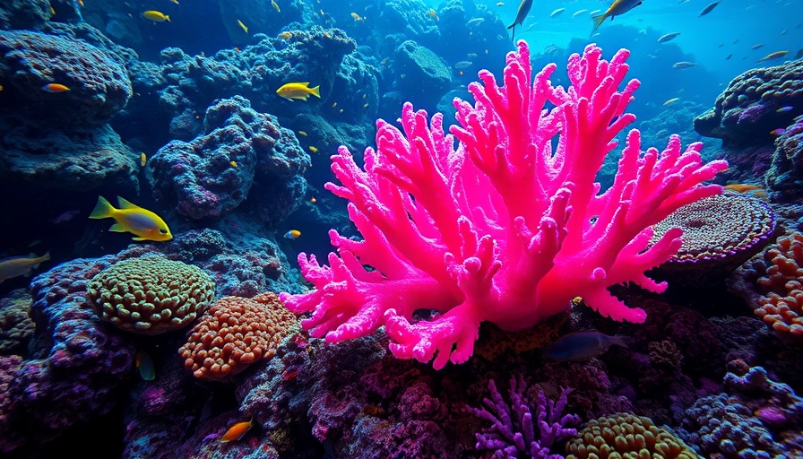 Flourishing coral reef with vibrant pink corals and marine life.