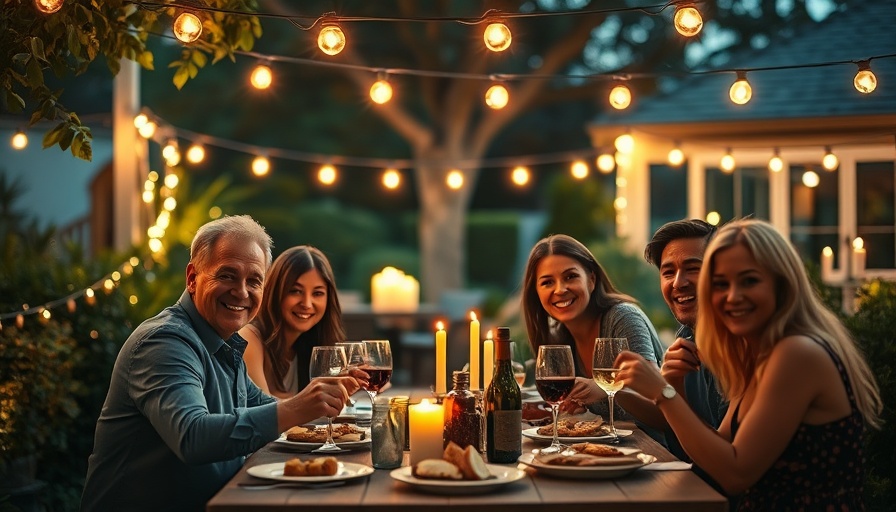 Friends enjoying late-night eating under string lights in a garden.