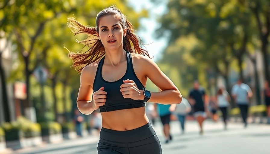 Fit woman jogging on a sunny street with trees and people in background.