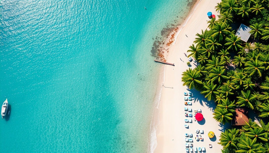 Aerial view of tropical beach with boats and palm trees, highlighting coral restoration tourism.