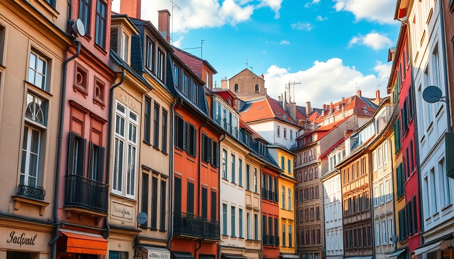 Urban landscape depicting effects of urban heat islands with sunlit buildings.