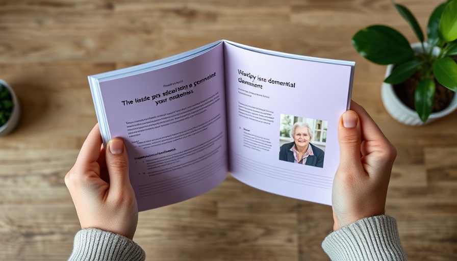 Creative dementia awareness booklet with purple tones on white table.