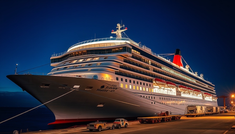 Cruise ship Norwegian Bliss using shore power at night.