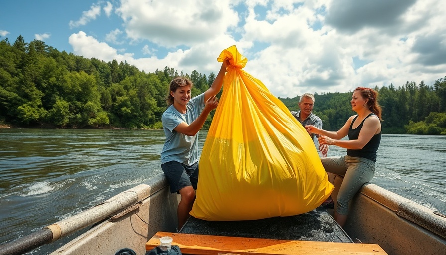 Volunteers in a river plastic cup competition, handing a yellow bag on a boat.