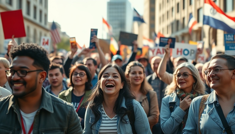 Dynamic political rally with a diverse crowd for progressive Democratic Party.