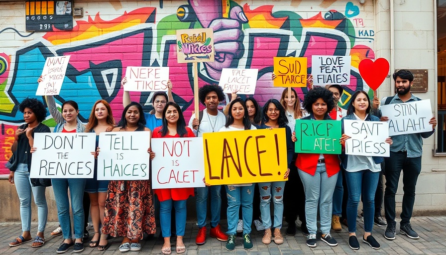 Diverse group protesting for Queer Travelers Boycotts, vibrant mural backdrop.
