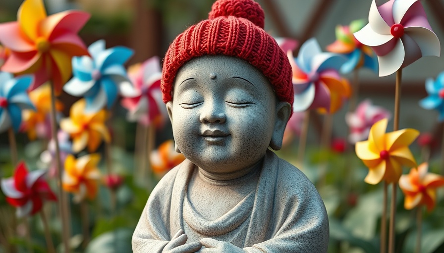 Mizuko Kuyo statue with red hat and pinwheels, cultural significance.