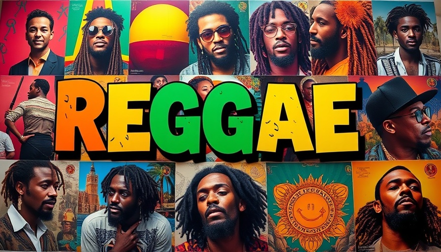 Vibrant collage of reggae album covers for summer playlist.