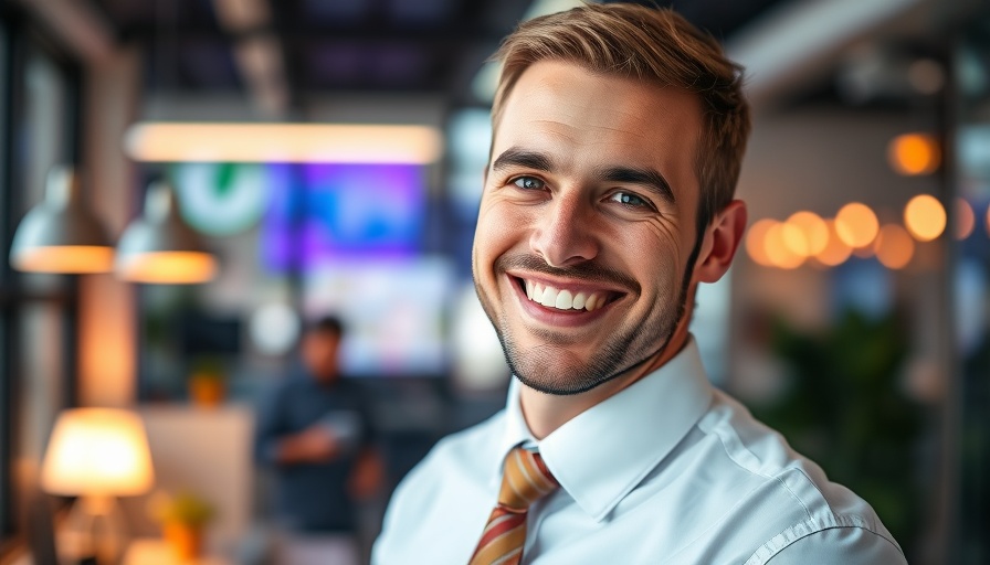 Friendly man in white shirt smiling in colorful office.