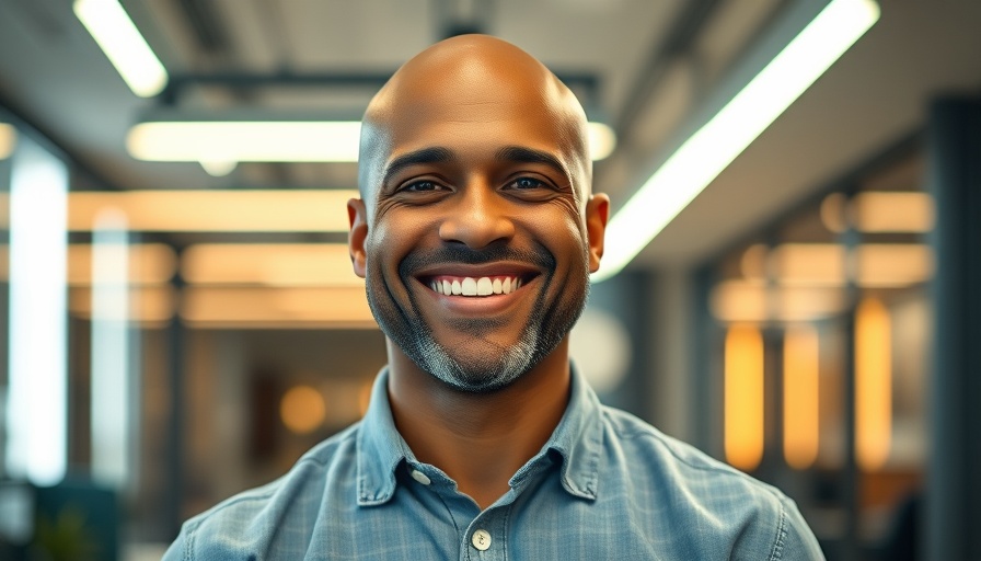 Cheerful man in office, representing Roy Ayers influence on modern music.