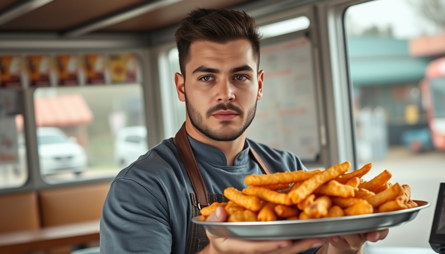 Omaha food truck dream chef presents platter at casual stand.